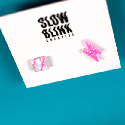 Pink + White Mismatched Square + Lightning Bolt Earrings