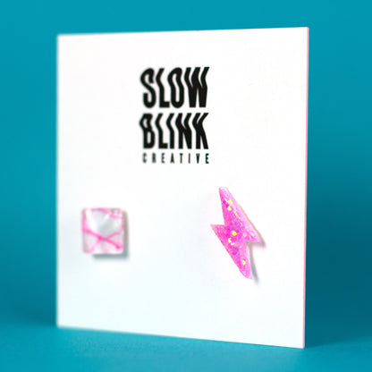 Pink + White Mismatched Square + Lightning Bolt Earrings